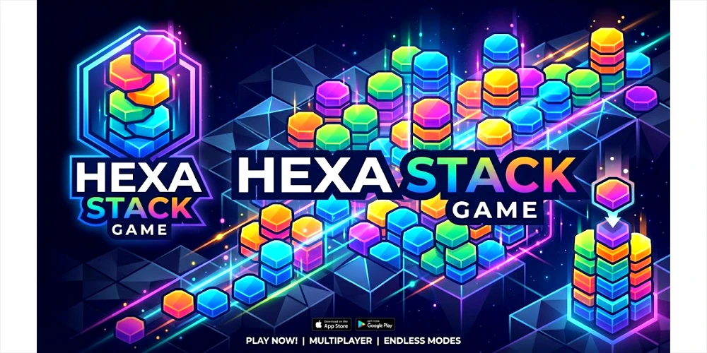Vibrant gaming banner for "HEXA STACK GAME" featuring the colorful stacked hexagon logo, a large title text, and countless 3D hexagonal towers in a futuristic, neon-lit digital grid environment. Includes "Play Now!" text and app store download badges.