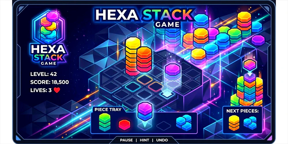 A colorful screenshot of the "HEXA STACK GAME" puzzle interface, featuring colorful, stacked hexagonal blocks on an isometric grid. A neon-style logo is visible, along with gameplay details like "LEVEL: 42," "SCORE: 18,500," and "LIVES: 3." The bottom includes "PIECE TRAY," "NEXT PIECES," and control buttons like PAUSE, HINT, and UNDO.