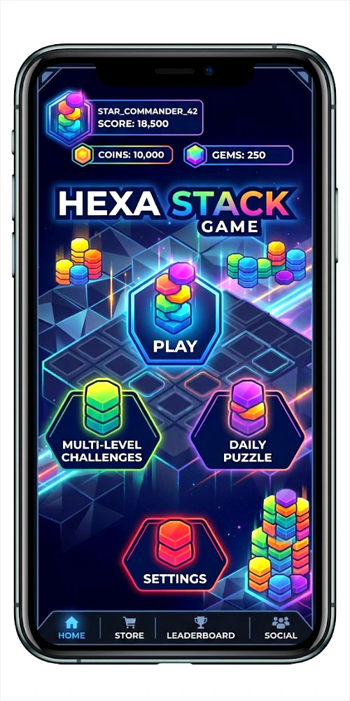 A vertical screenshot of a mobile phone displaying the home menu for the "HEXA STACK GAME." The screen features vibrant, neon-style hexagonal graphics against a cosmic, grid-like background. Visible elements include a player profile for "STAR_COMMANDER_42," a score of "18,500," and currency counters for "10,000 COINS" and "250 GEMS." The main menu options are "PLAY," "MULTI-LEVEL CHALLENGES," "DAILY PUZZLE," and "SETTINGS," with a navigation bar at the bottom containing icons for "HOME," "STORE," "LEADERBOARD," and "SOCIAL."
