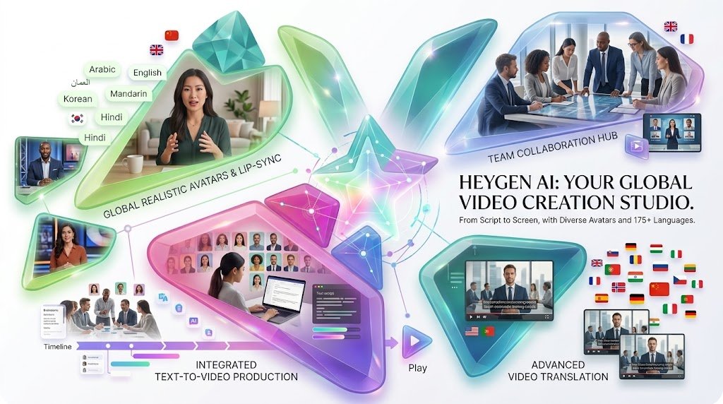 A promotional banner for HeyGen AI Video Creation Studio featuring an abstract iridescent central hub surrounded by four key feature portals: realistic avatar generation with lip-sync, text script-to-video production workflow, video translation with multi-country flags, and a team collaboration hub