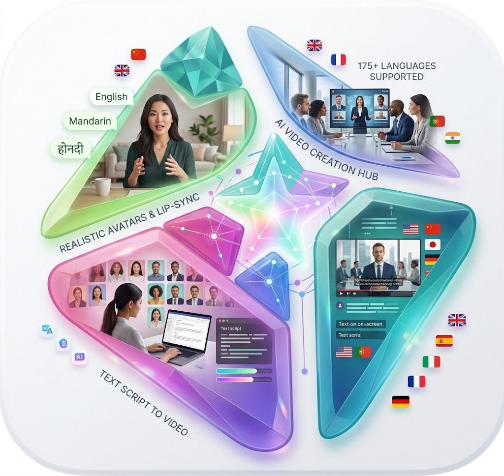 An infographic illustrating HeyGen AI Video Platform features, showing a central holographic interface connected to multi-colored, faceted gem-like portals: a green portal for realistic talking avatars with lip-sync, a pink portal for a text script-to-video workflow, a turquoise portal for video translation with flags, and a purple portal for a collaborative video team space. Flags represent support for over 175 languages.