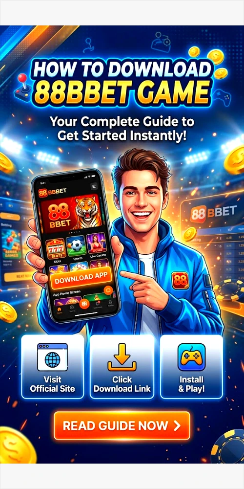 Vibrant blog header graphic illustrating how to download the 88BBET game app on a smartphone, featuring step-by-step icons and casino-themed gaming elements.