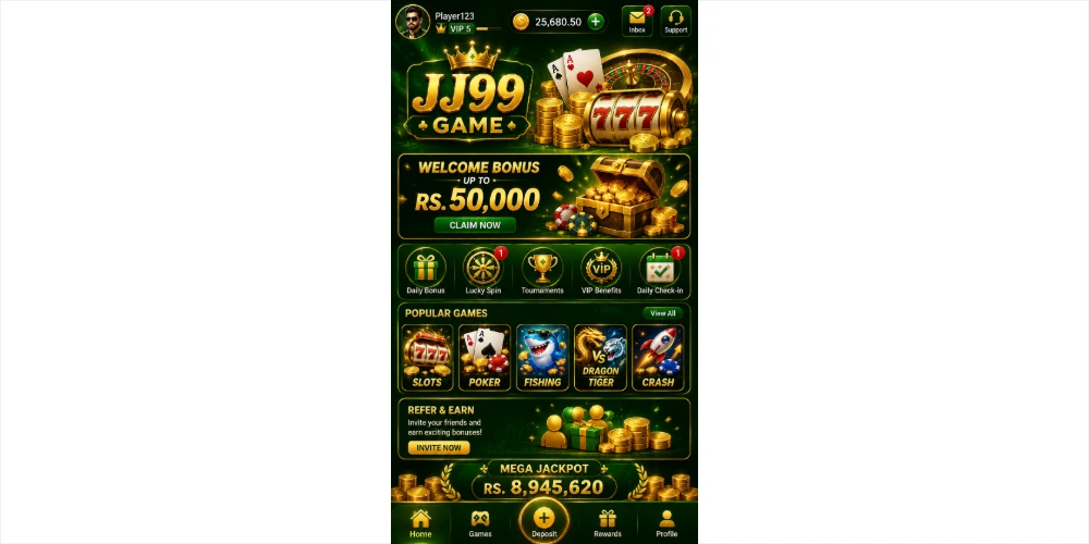 JJ99 Game casino home screen with welcome bonus, popular games, VIP rewards and jackpot