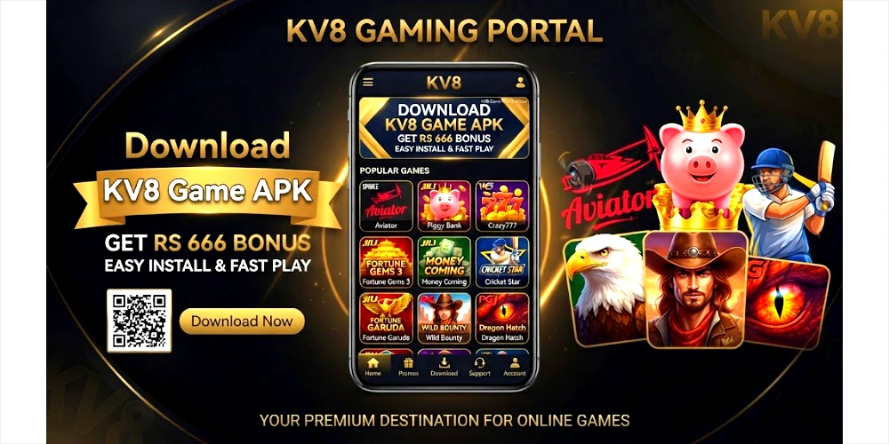 A promotional banner for the KV8 Gaming Portal, featuring a central smartphone displaying the app's homescreen with various game icons like Aviator, Piggy Bank, Fortune Gems 3, and Cricket Star. The banner promotes downloading the KV8 Game APK with a "GET RS 666 BONUS" offer, an easy install and fast play message, a QR code, and a "Download Now" button. To the right are character images including a pig with a crown, a cricket player, a cowboy, an eagle, and a dragon eye. The overall aesthetic is premium, gold, and dark-themed.