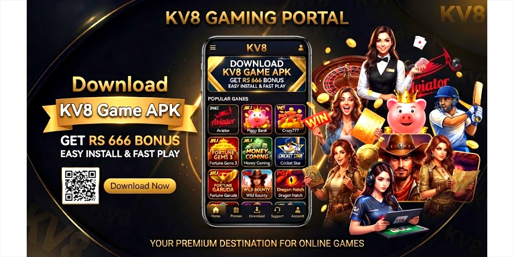 A promotional banner for the KV8 Gaming Portal. The central focus is a smartphone displaying the app's interface, which shows a list of popular games like Aviator, Piggy Bank, and Fortune Gems, and features a "Download KV8 Game APK" banner with an RS 666 bonus offer. To the left, a gold ribbon reinforces the download message and QR code. To the right, there is a collage of various game characters, including a croupier, a cowboy, a cricket player, and an esports player, along with casino elements like a roulette wheel and coins. The background is dark and premium with gold light effects, and the text "KV8 GAMING PORTAL" is at the top, with "YOUR PREMIUM DESTINATION FOR ONLINE GAMES" at the bottom.