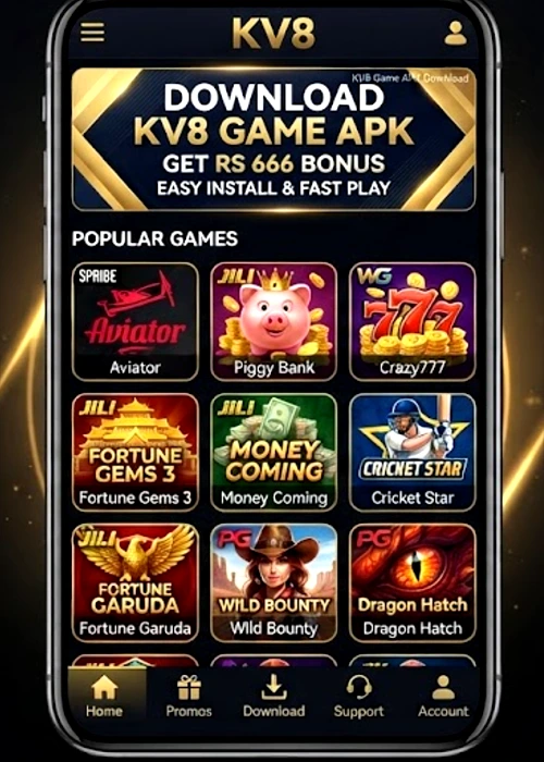 A mobile phone screen displaying the KV8 gaming app interface, featuring a gold and black theme, a 'Download KV8 Game APK' banner offering an RS 666 bonus, and a 3x3 grid of game icons including Aviator, Piggy Bank, Crazy777, Fortune Gems 3, Money Coming, Cricket Star, Fortune Garuda, Wild Bounty, and Dragon Hatch. The bottom navigation bar has Home, Promos, Download, Support, and Account tabs. The background is a dark, elegant abstract pattern with glowing gold lines.