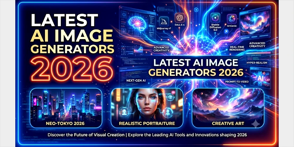 A futuristic neon-style technology banner with a dark background and large, glowing text that reads: "LATEST AI IMAGE GENERATORS 2026." A brain graphic sits at the center, radiating glowing blue and orange data streams that connect to icons for Midjourney v7, DALL-E 4, Stable Diffusion 5.0, and ArtGenie. The graphic features text labels like "Advanced Creativity" and "Real-time Rendering." Below the main title are three example image panels: a cyberpunk "NEO-TOKYO 2026" cityscape, a "REALISTIC PORTRAITURE" portrait, and a "CREATIVE ART" cosmic landscape. A smaller caption at the bottom reads: "Discover the Future of Visual Creation | Explore the Leading AI Tools and Innovations shaping 2026."