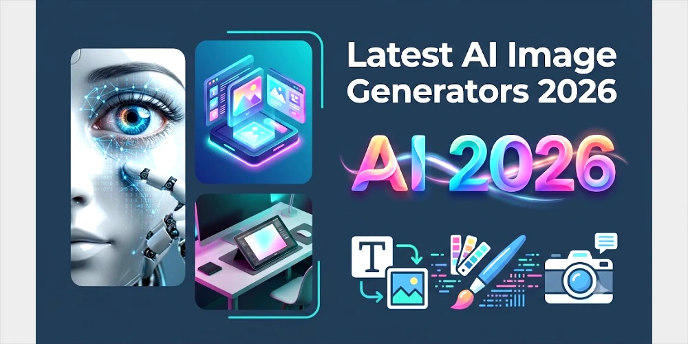 A futuristic interface for Latest AI Image Generators 2026 showing AI creation tools, a cyborg artist, and digital output examples.