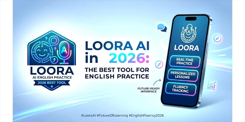 A premium corporate infographic banner for Loora AI, a comprehensive B2B platform for English language practice