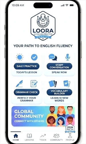 A modern smartphone displaying the homepage of the Loora AI English learning app. The screen features a navy blue logo for "LOORA AI ENGLISH PRACTICE," the tagline "YOUR PATH TO ENGLISH FLUENCY," and four large menu buttons: "DAILY PRACTICE," "START CONVERSATION," "GRAMMAR CHECK," and "VOCABULARY BUILDER," each with a corresponding icon. A "GLOBAL COMMUNITY" banner with a group of diverse users is also visible at the bottom.