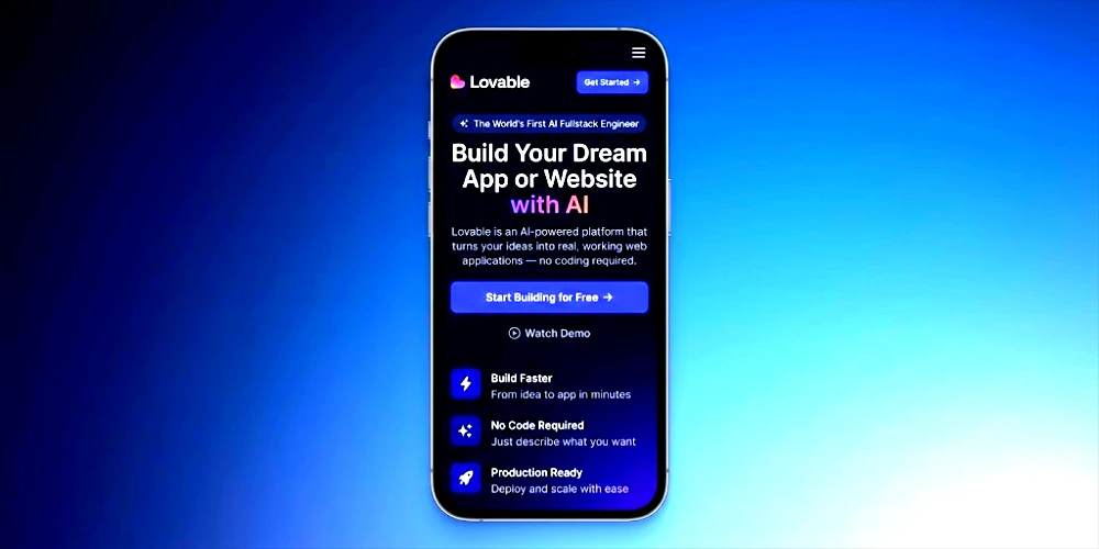 A smartphone mockup displaying the mobile landing page for Lovable AI, featuring the headline "Build Your Dream App or Website with AI" and key platform benefits.