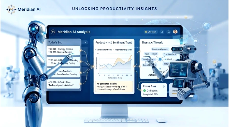 A high-tech illustrative scene featuring a humanoid AI robot on the left and a smaller, more mechanical robot on the right, both interacting with a large central computer monitor. The monitor displays a detailed dashboard titled "Meridian AI Analysis" with sections for "Today's Log" (listing strategy sessions and feedback), a "Productivity & Sentiment Trend" graph (showing collaboration hours and reported energy levels), and "Thematic Threads" (linking roadmap alignment and team feedback to long-term goals like "Achieve Q4 Milestones"). The background is a blurred modern office with a global network overlay and other blurred robots, all under the banner text "UNLOCKING PRODUCTIVITY INSIGHTS." The overall aesthetic is clean, digital, and professional, with blue and gold accents.
