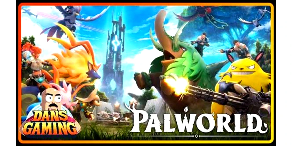 A dynamic YouTube thumbnail for "Dans Gaming" featuring a chaotic battle scene from the game Palworld, with various Pals like the yellow pikachu-like creature shooting a minigun, alongside players and a large central tower. The "Dans Gaming" logo with a cartoon face is in the bottom-left corner, and the "Palworld" logo is in the bottom-right.