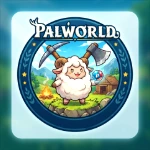 A circular Palworld game icon featuring a cute, fluffy Lamball character holding a Pal Sphere, with crossed tools and a campfire background.