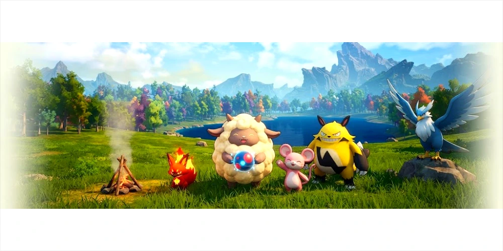 A wide panoramic view of a group of five Pal creatures from the game Palworld, standing together in a lush, vibrant field next to a campfire. From left to right: a small red and yellow fire creature (Foxparks), a large fluffy cream sheep holding a blue glowing orb (Lamball), a smaller pink bipedal mouse (Cattiva), a large yellow and black striped creature (Grizzbolt), and a large blue and white bird perched on a rock (Nitewing). The background features a large blue lake, dense colorful forests, and jagged mountains under a partly cloudy sky. The image has a soft, vignette fade on the left and right sides.