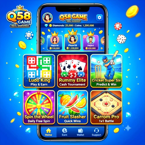 A smartphone displaying the Q58 GAME APK home screen with a leaderboard and six different mini-game icons including Ludo, Rummy, Cricket, Spin the Wheel, Fruit Slasher, and Carrom.
