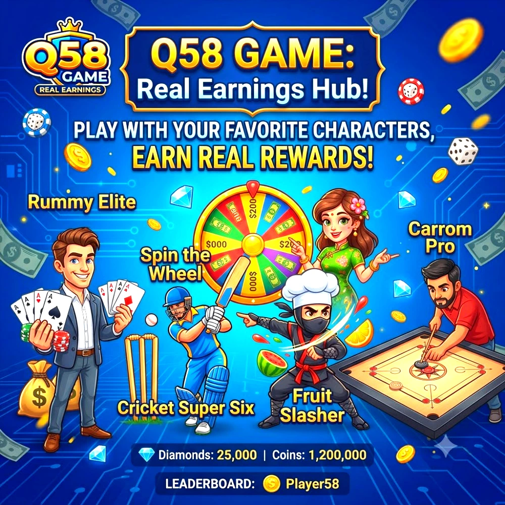 A promotional graphic for Q58 Game showing diverse cartoon characters playing various games like Rummy Elite, Cricket, and Carrom, set against a background of floating coins, cash, diamonds, and dice.