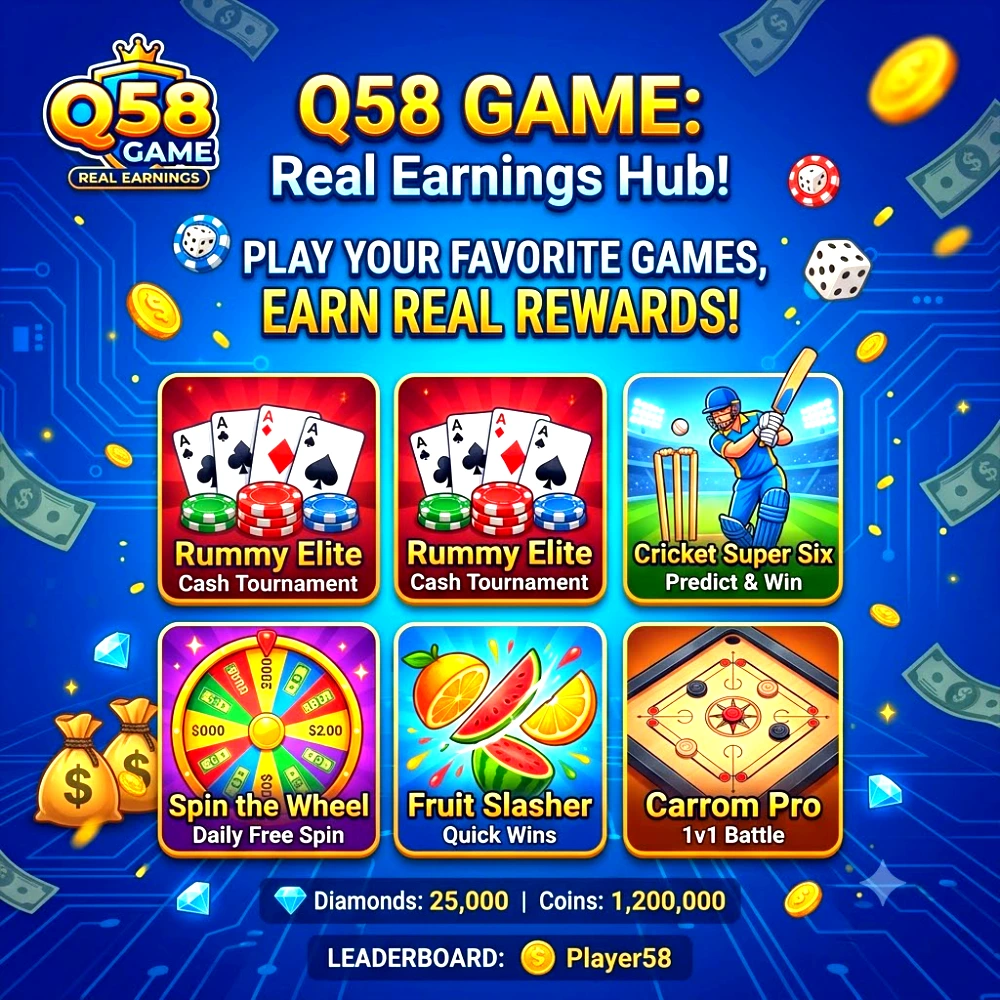 A vibrant digital banner advertising the Q58 GAME real earnings platform, displaying various play-to-earn games like Rummy Elite, Cricket Super Six, and Fruit Slasher, set against a background of coins, money, and player stats.