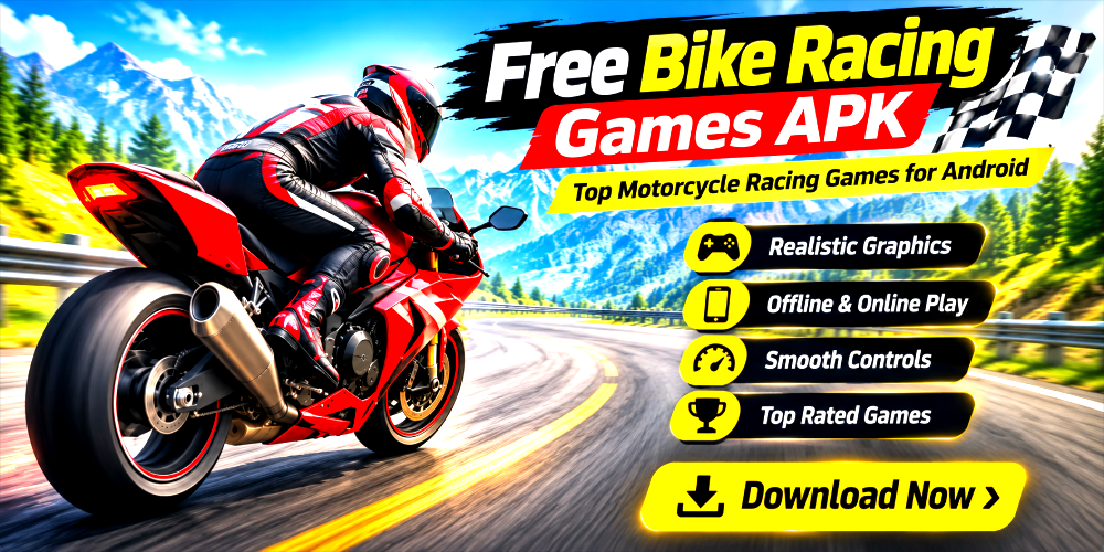 Free Bike Racing Games APK banner featuring a high-speed motorcycle racer, realistic graphics, and the best free bike racing games for Android.
