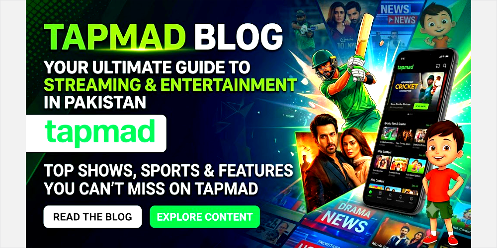 A colorful homepage banner image for the Tapmad website blog, showcasing cricket action, drama scenes, and news, all available with the Tapmad APK Download Free.
