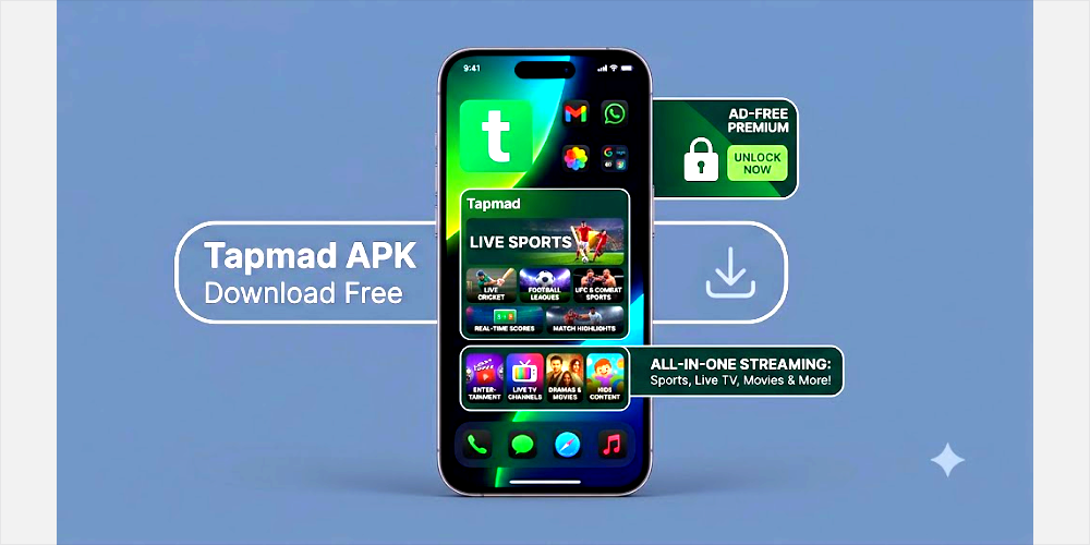 A 3D infographic studio mockup of an iPhone on a dark grey background. The screen displays the 'T' logo of the Tapmad app on a dynamic green and blue gradient background. Key interface elements highlight features: a large left-side text element reads 'Tapmad APK Download Free,' and a central widget details 'LIVE SPORTS' with categories like 'LIVE CRICKET' and 'UFC.' Smaller screens show other content types like 'KIDS CONTENT' and 'LIVE TV CHANNELS.' A right-side floating element with a lock icon states 'AD-FREE PREMIUM - UNLOCK NOW.' All-in-one streaming message is also included. The entire image is presented as a high-resolution render.