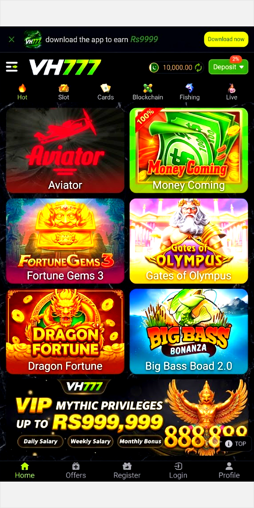 User interface of the VH777 gaming app displaying a grid of popular games including Aviator, Money Coming, Gates of Olympus, and Dragon Fortune. A VIP benefits banner for Pakistani users is shown at the bottom.