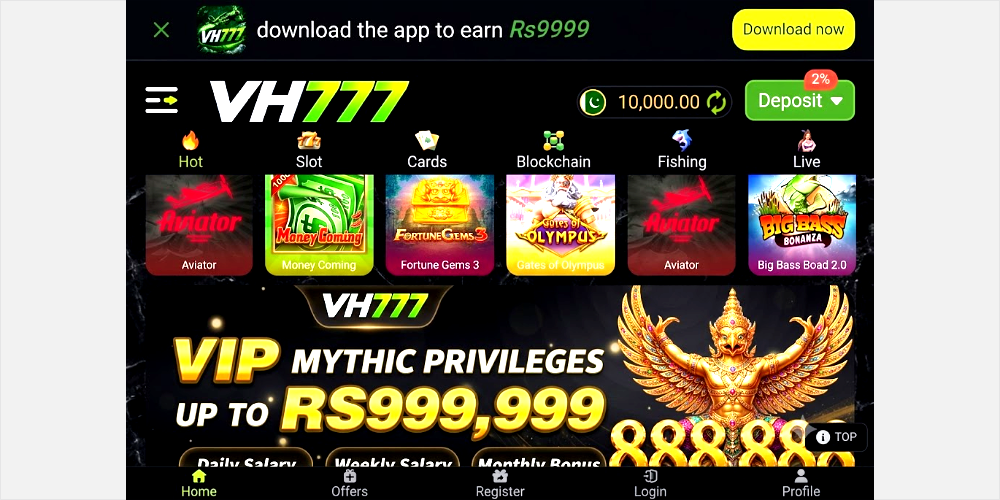 User interface of VH777 online gaming app featuring a range of games including Aviator, Money Coming, and Gates of Olympus, along with a VIP MYTHIC PRIVILEGES banner.
