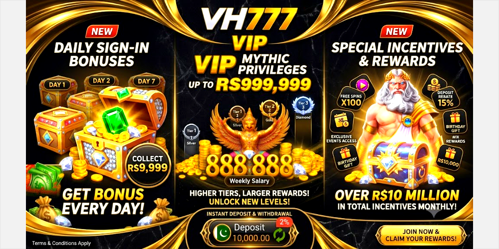 Detailed promotional banner for VH777 gaming platform, showcasing VIP privileges up to RS999,999. The left panel details daily sign-in bonuses with gold-and-jewel-filled chests. The center highlights tier rewards and a RS10,000.00 deposit button with the Pakistan flag. The right panel features a Zeus-like character with icons for specific rewards like 100 free spins and 15% deposit rebates.
