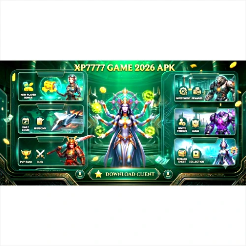 A detailed screenshot of the XP7777 GAME 2026 APK home screen dashboard, featuring a multi-armed goddess character in the center flanked by game feature menus like New Player Bonus, Investment Rewards, PvP Rank, Guild, and an explicit "Download Client" button at the bottom.