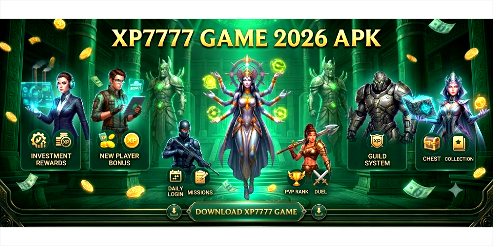 A multi-armed goddess and other fantasy and modern characters from "XP7777 GAME 2026 APK" are shown in a grand emerald hall with floating gold coins and cash. The promo poster lists game features like Investment Rewards, New Player Bonus, Daily Login, Missions, PvP Rank, Duel, Guild System, Chest, and Collection, with a "Download XP7777 Game" button at the bottom.