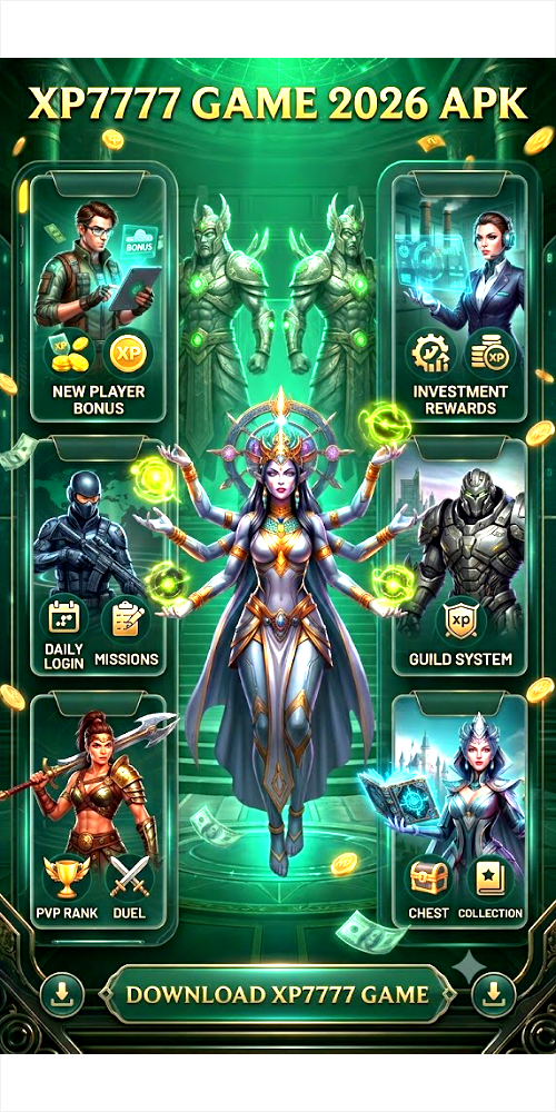 A multi-armed science-fantasy goddess character floats in the center of a detailed green digital interface for the XP7777 Game 2026 APK. The interface features panels for New Player Bonus, Investment Rewards, Daily Login, Guild System, PvP Rank, and Collection, with a large 'Download XP7777 Game' button at the bottom. The scene is set in an ancient-meets-futuristic temple with floating gold coins and currency.