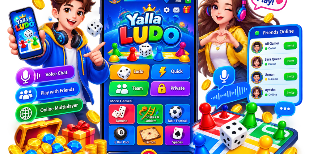 Yalla Ludo APK dashboard on a smartphone screen showing voice chat, online multiplayer, domino, carrom, and board game features alongside animated avatars and rewards.