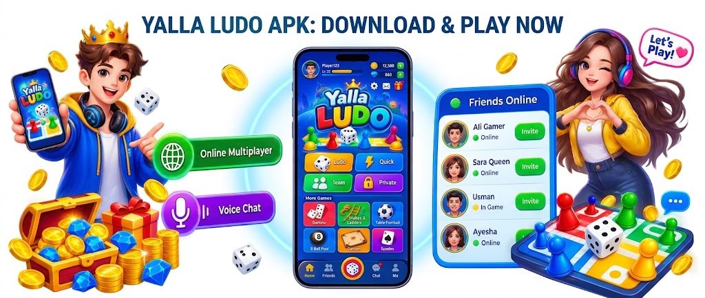 Yalla Ludo APK game dashboard displayed on a smartphone screen showing voice chat, online multiplayer, domino, 8-ball pool, and carrom mini-games alongside animated gaming avatars, friends list, and reward chests.