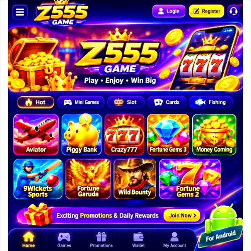 Z555 Game APK homescreen showing mobile games and gaming categories