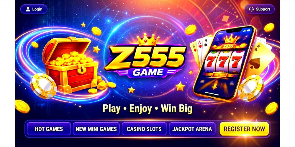 A vibrant digital marketing banner for "Z555 Game" online casino, featuring a golden crown logo, an open treasure chest filled with gold coins, a smartphone displaying a "777" slot machine game, and playing cards against a dark, cosmic-themed background with neon blue light trails.