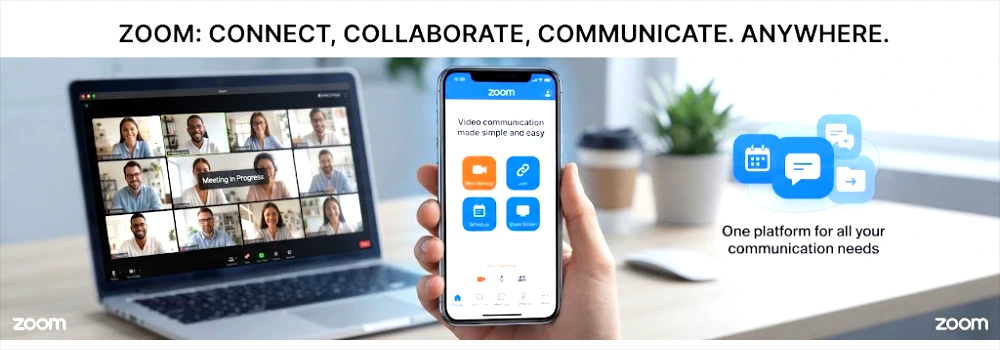 A promotional banner for Zoom against a blurred home office background, featuring the headline "ZOOM APP: CONNECT, COLLABORATE, COMMUNICATE. ANYWHERE." A hand holds a smartphone displaying the Zoom mobile app interface, while a laptop to the left shows a large video conference grid. To the right, a graphic of floating blue icons (calendar, chat, files) represents "One platform for all your communication needs" with Zoom logos in the corners.