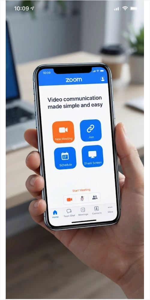 A close-up photograph of a hand holding a smartphone displaying the homescreen interface of the Zoom app, featuring large, colorful icons for 'New Meeting', 'Join', 'Schedule', and 'Share Screen' above a tagline "Video communication made simple and easy". The background shows a blurred home office desk setup.