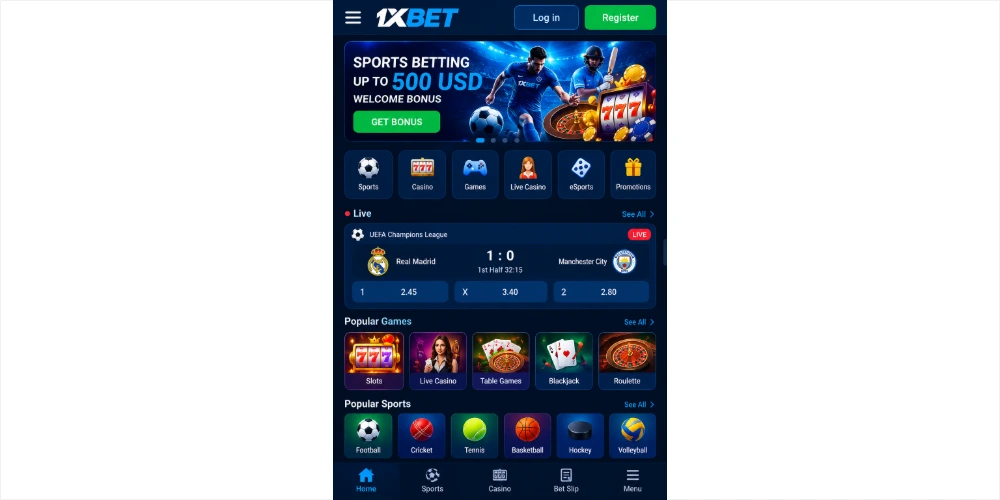 1xBet Game app sports and betting screens