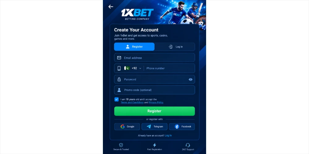 1xBet Game registration screen for Android