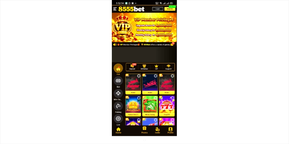 A smartphone screenshot showing the main user interface lobby of the 8555bet game. The top of the screen displays a prominent banner detailing VIP Member Privileges, showing high-tier cash bonuses and salaries next to a gold crown VIP icon. Below the banner are quick-action buttons for Deposit, Withdraw, VIP, and Support, followed by a grid layout of featured slot and casino games on a dark background theme.