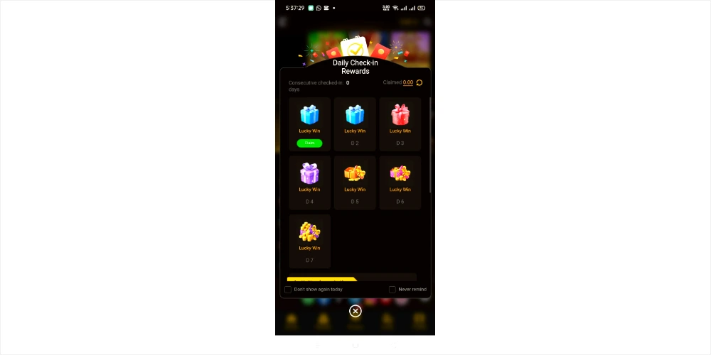 8555bet game daily check-in rewards screen showing daily gifts, consecutive login rewards, and claim options for players.