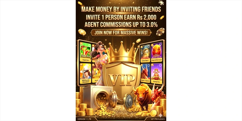 A promotional banner for the 8555bet game with a luxurious gold and dark theme. The top features bold golden text reading "MAKE MONEY BY INVITING FRIENDS", "INVITE 1 PERSON EARN Rs 2,000", and "AGENT COMMISSIONS UP TO 3.0%". In the center, a massive golden VIP shield and crown are flanked by a selection of popular slot game cards, including Super Ace and Charge Buffalo. A smiling female mascot, an angry golden bull, an open bank vault spilling gold coins, and scattered poker chips complete the high-stakes casino aesthetic against a starry dark background.