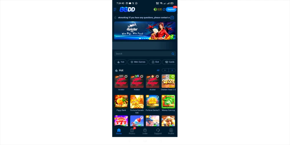 Smartphone screen displaying the main menu and game categories of the 88DD game APK app.