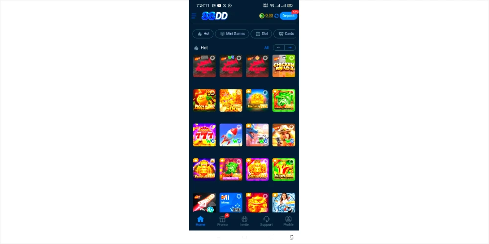 Smartphone screen showing the 88DD Game apk interface dashboard with game categories like slots and mini games.