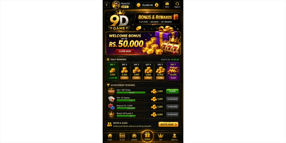 9D Game bonus and rewards screen showing welcome bonus, daily rewards, achievement rewards and VIP benefits