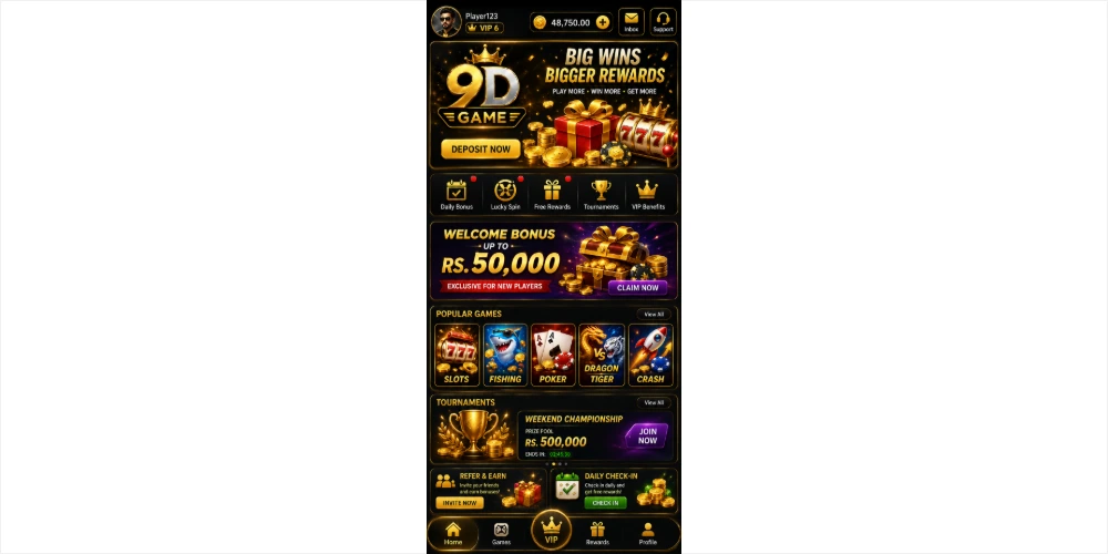 9D Game home screen with welcome bonus, popular games, tournaments and daily rewards