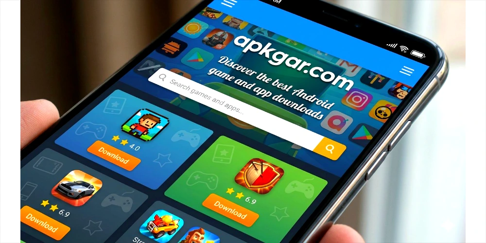 A mobile interface screenshot of the website apkgar.com showcasing a variety of APK games available for download with category cards, a search bar, and download buttons.