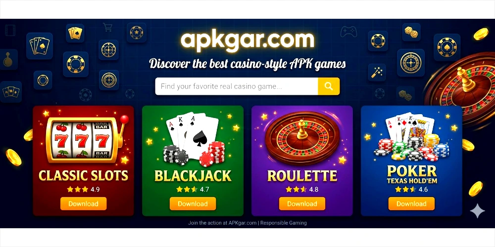 A dark blue website banner for apkgar.com showcasing real casino style APK games with four featured category tiles for Classic Slots, Blackjack, Roulette, and Poker alongside individual orange download buttons and a search bar