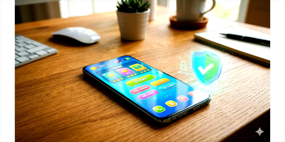 Android phone with a game menu and a security checkmark, illustrating best APK games to download in 2026