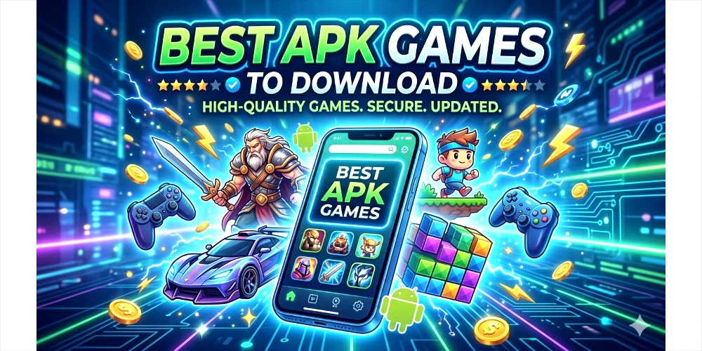 A high-tech digital website banner showcasing a smartphone displaying popular game app icons, surrounded by modern gaming controllers, a racing car, block puzzles, and fantasy characters, highlighting the best APK games to download with secure and updated features.